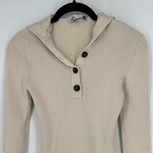 Zara Ribbed Sweater Bodysuit Cream Women’s M Hooded Henley Cottagecore Cozy